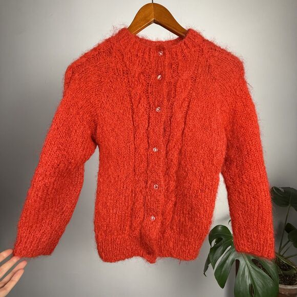 Vintage Hand Knit Red Mohair Cardigan Sweater | Fuzzy Cable Knit Button Front - Picture 11 of 12